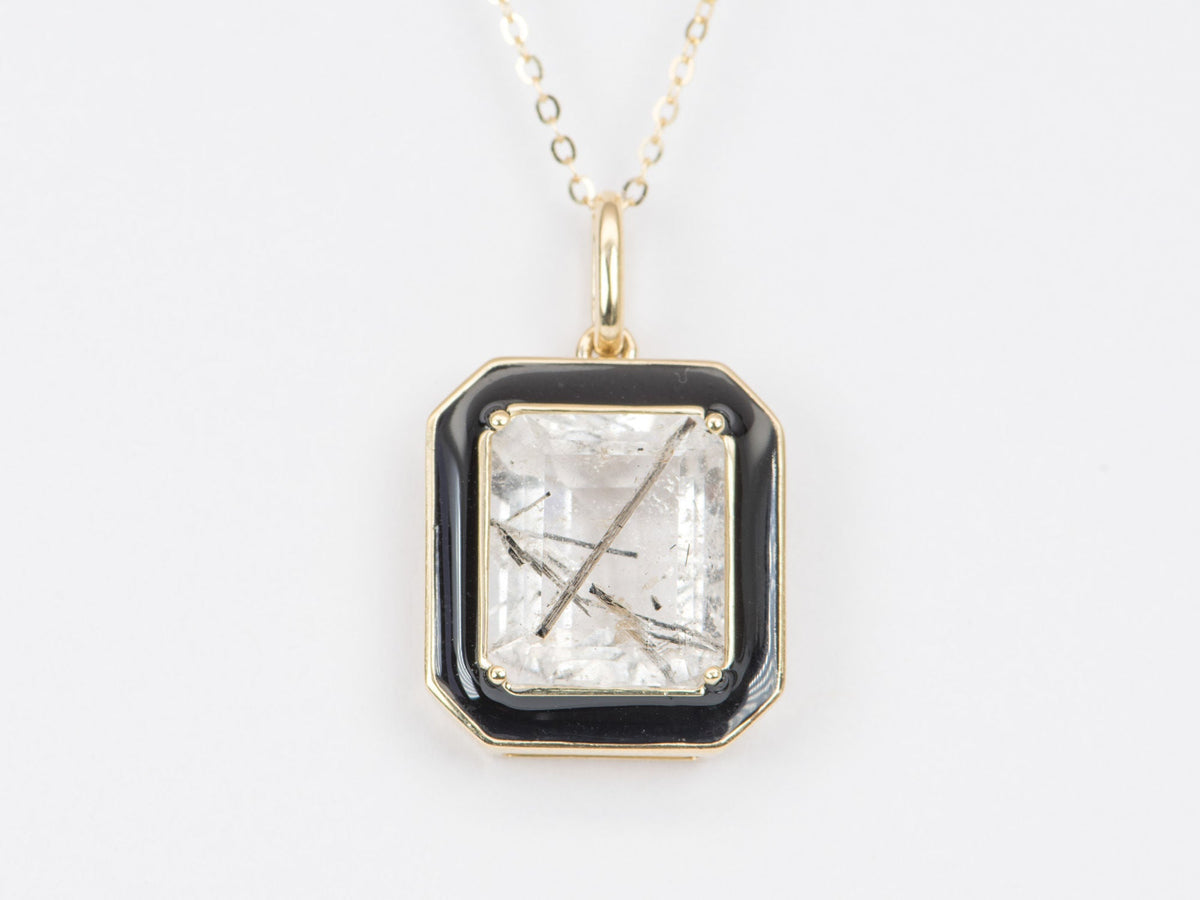 Large Tourmalted Quartz with Black Enamel Halo Pendant Charm 9K Gold R4248 Aurora Designer