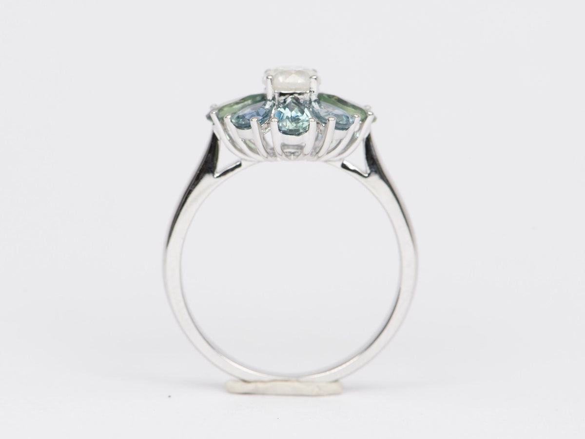 Fancy White Diamond Montana Sapphire Halo 14K White Gold Engagement Ring R6396 Aurora Designer