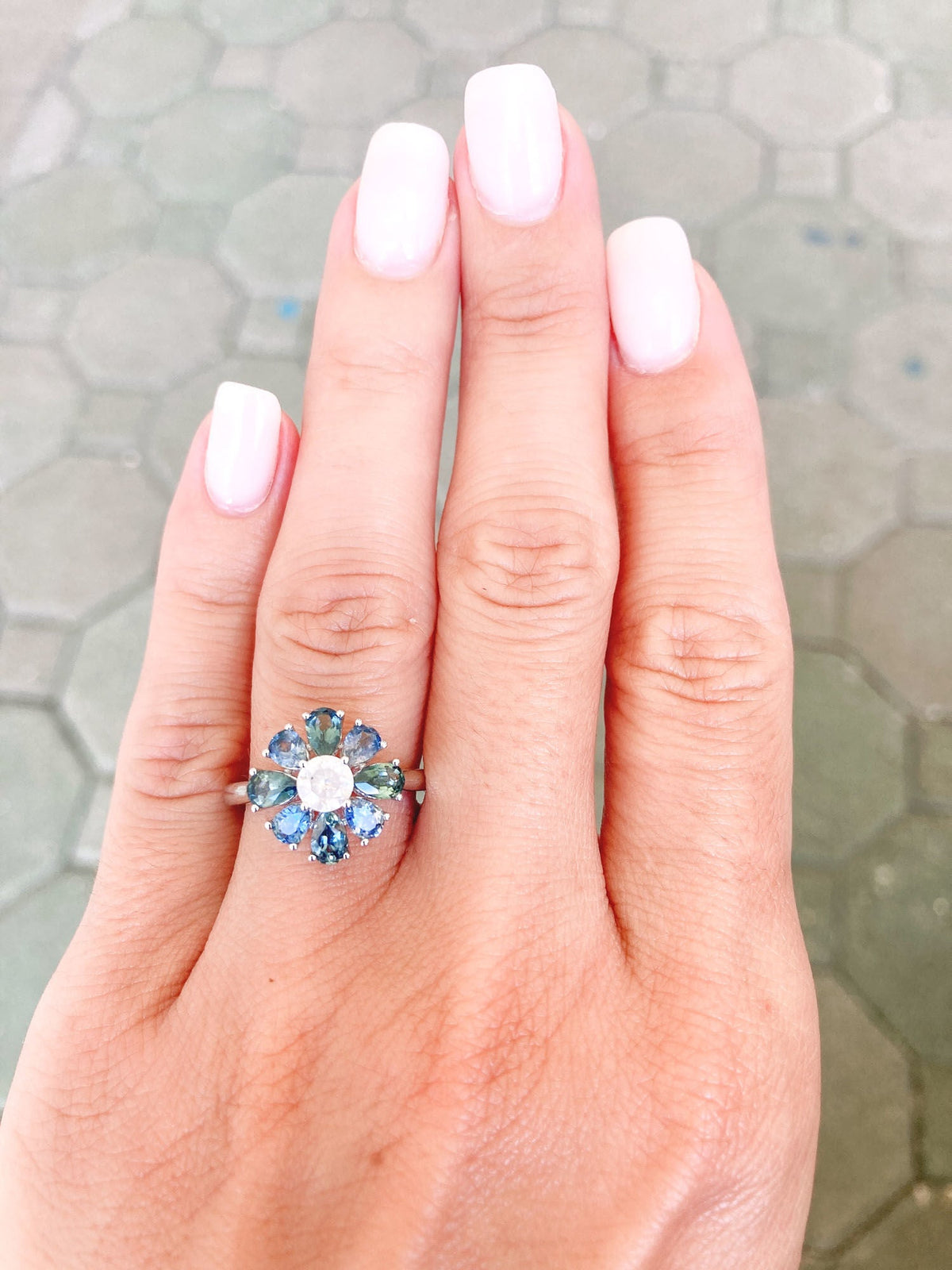 Fancy White Diamond Montana Sapphire Halo 14K White Gold Engagement Ring R6396 Aurora Designer