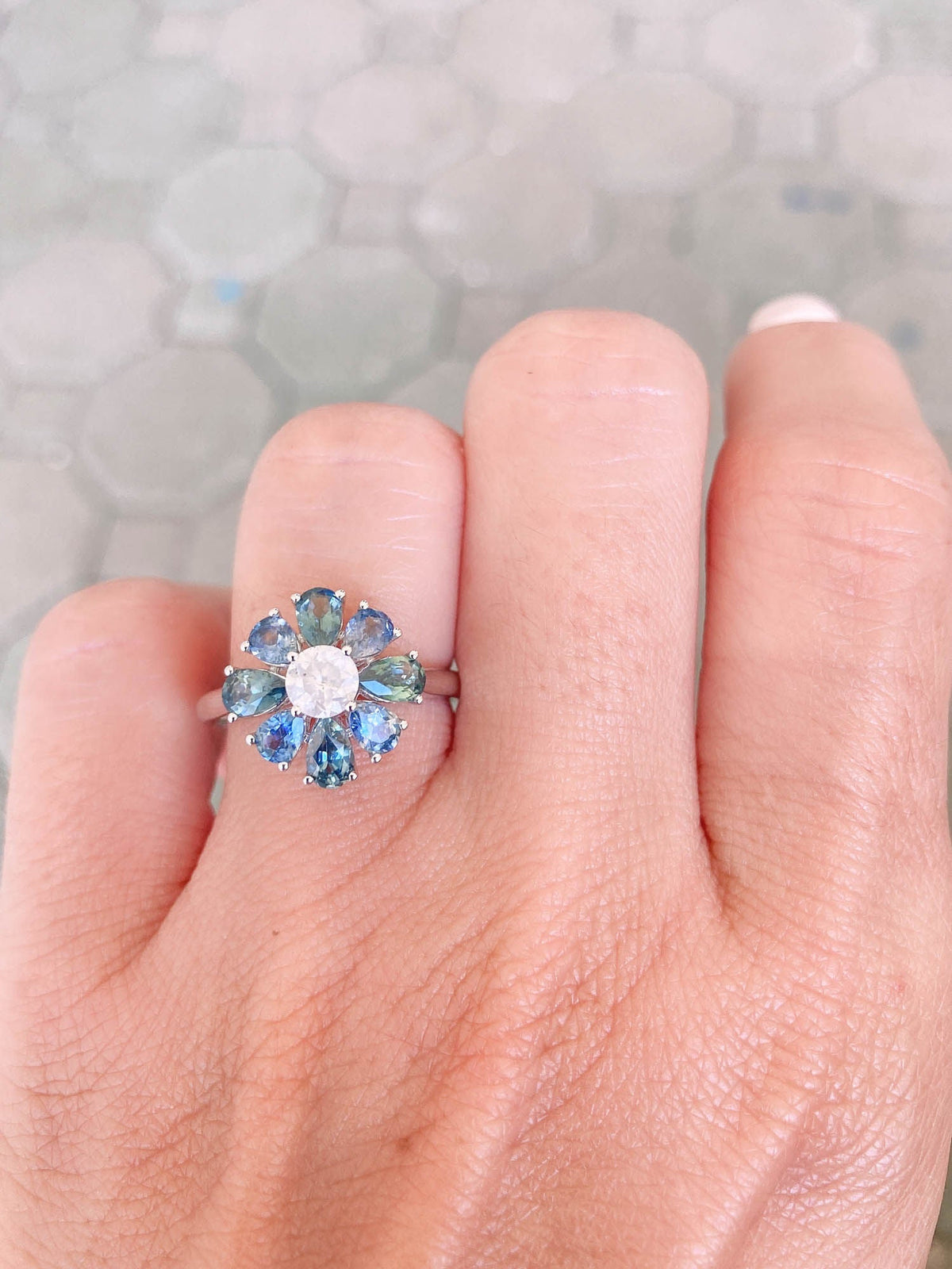 Fancy White Diamond Montana Sapphire Halo 14K White Gold Engagement Ring R6396 Aurora Designer