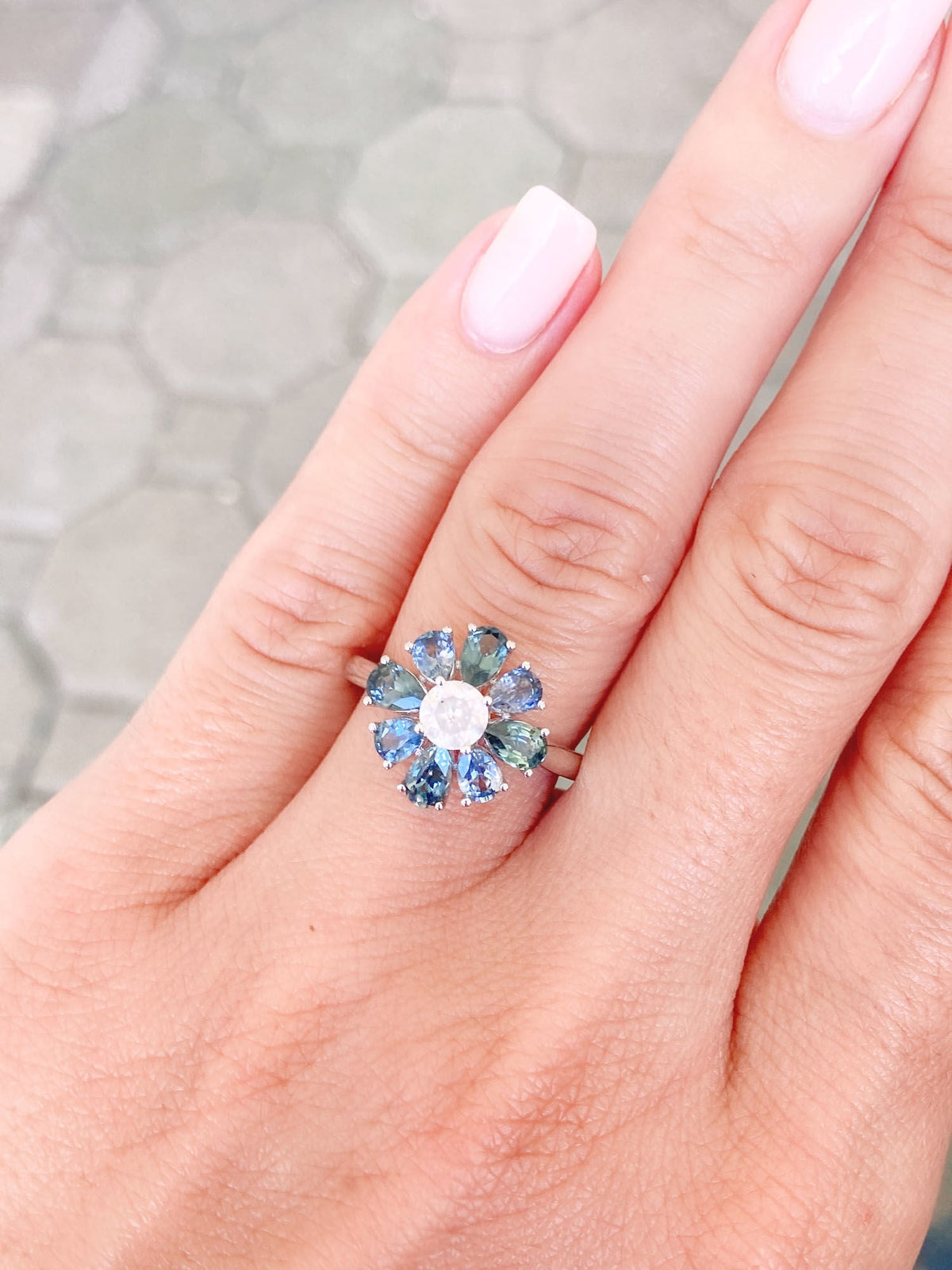 Fancy White Diamond Montana Sapphire Halo 14K White Gold Engagement Ring R6396 Aurora Designer