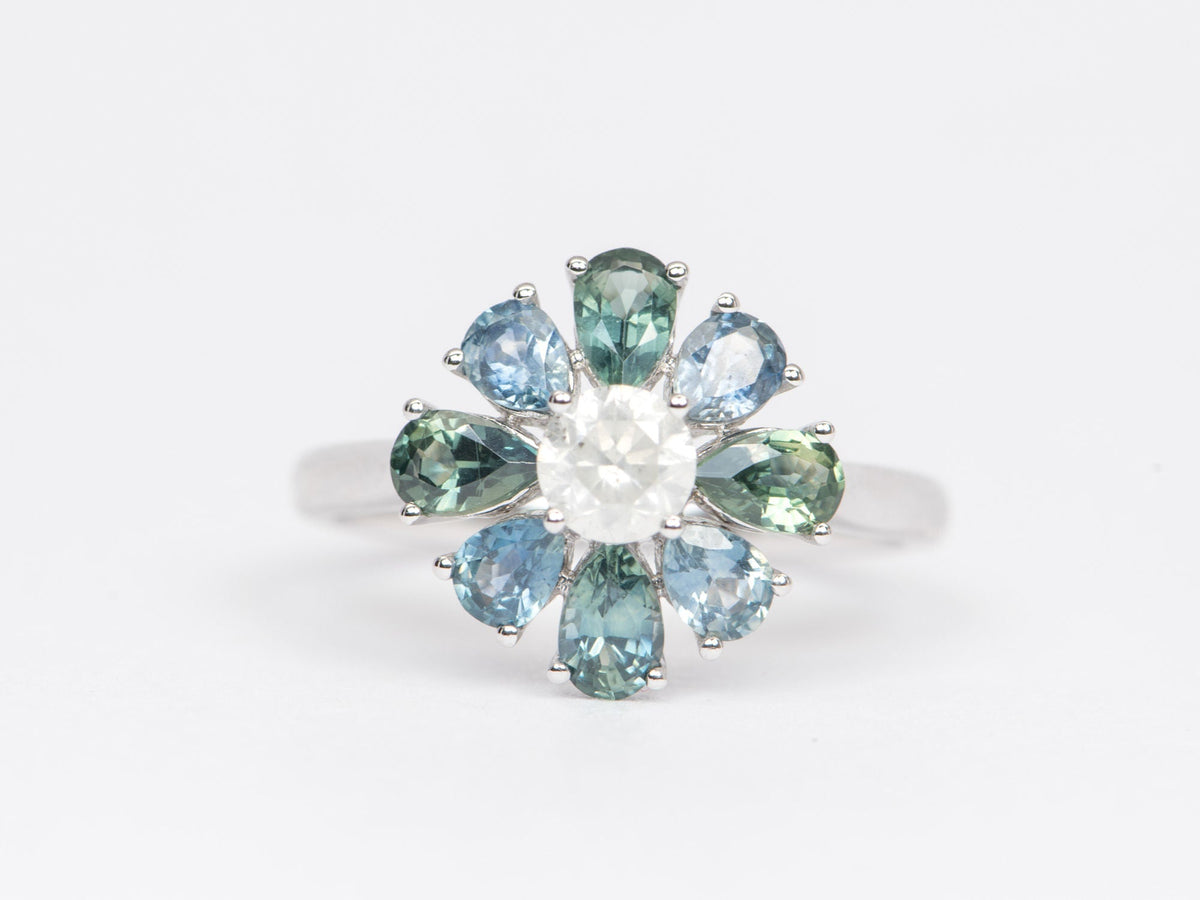 Fancy White Diamond Montana Sapphire Halo 14K White Gold Engagement Ring R6396 Aurora Designer