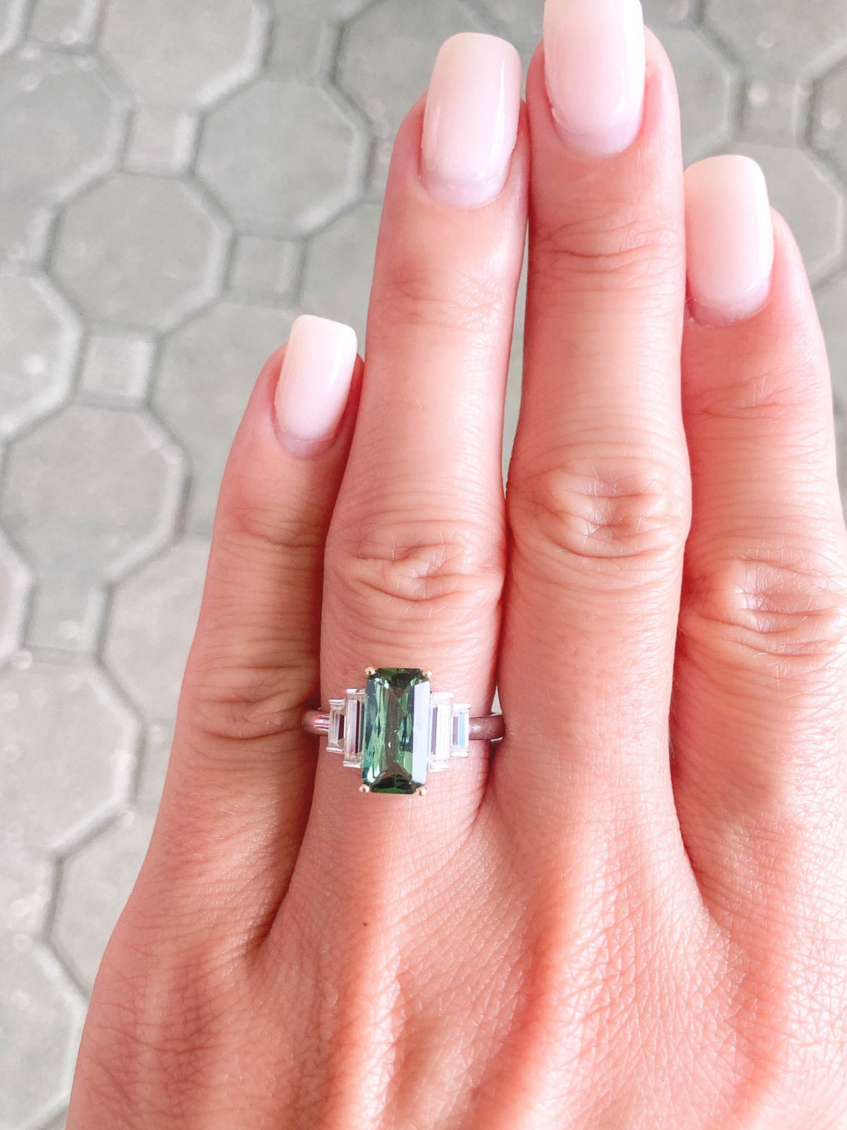1.95ct Elongated Tourmaline Baguette Sides Engagement Ring 14k Gold R6403 Aurora Designer