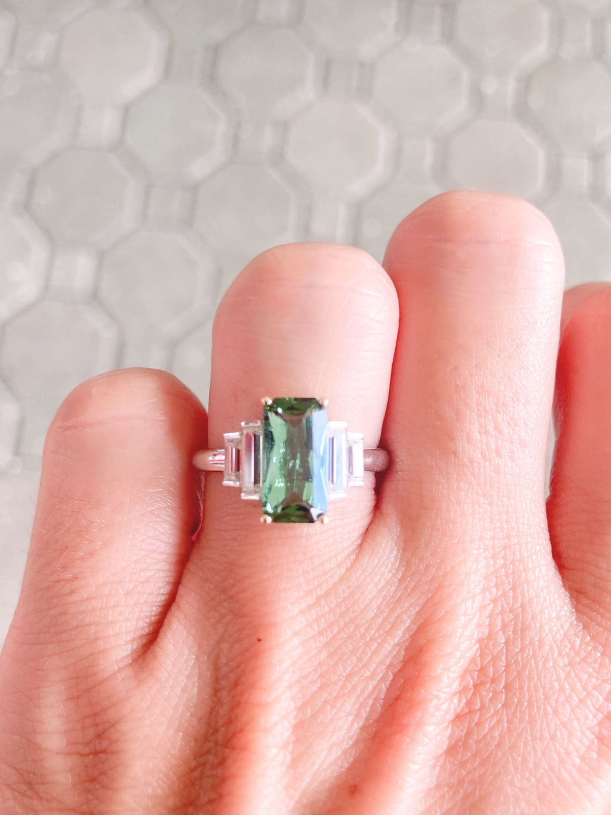1.95ct Elongated Tourmaline Baguette Sides Engagement Ring 14k Gold R6403 Aurora Designer