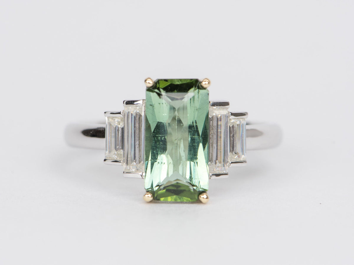 1.95ct Elongated Tourmaline Baguette Sides Engagement Ring 14k Gold R6403 Aurora Designer