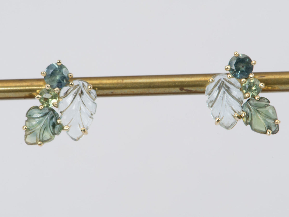 Aquamarine and Teal Sapphire Cluster Earrings 9K Gold R3085 Aurora Designer