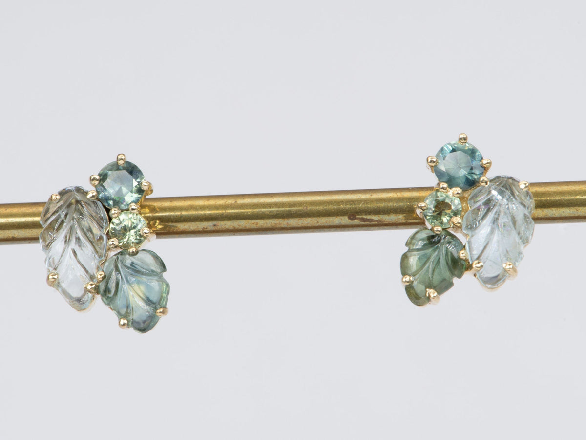 Aquamarine and Teal Sapphire Cluster Earrings 9K Gold R3085 Aurora Designer