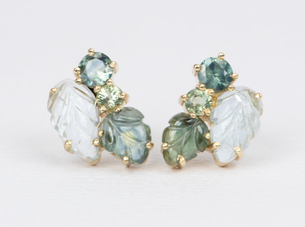 Aquamarine and Teal Sapphire Cluster Earrings 9K Gold R3085 Aurora Designer