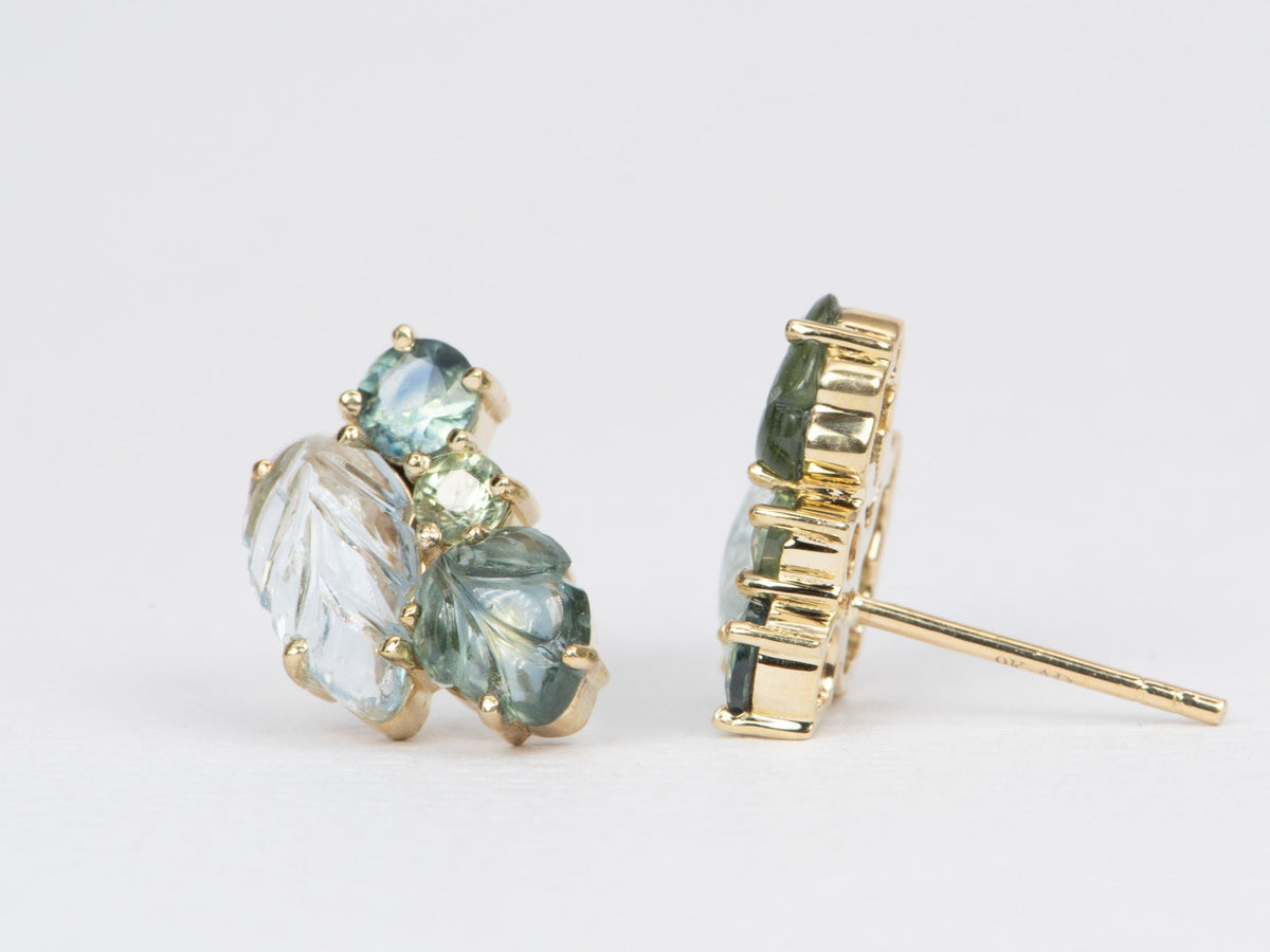 Aquamarine and Teal Sapphire Cluster Earrings 9K Gold R3085 Aurora Designer