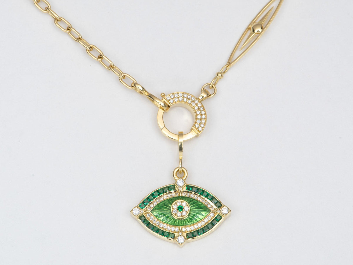Emerald and Diamond Evil Eye Pendant Guilloche Enamel 18K Gold 5.74g R4450 Aurora Designer