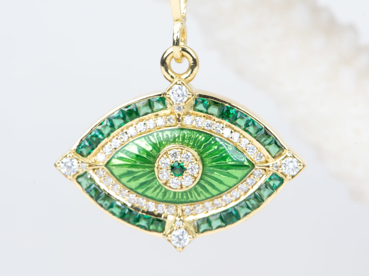 Emerald and Diamond Evil Eye Pendant Guilloche Enamel 18K Gold 5.74g R4450 Aurora Designer