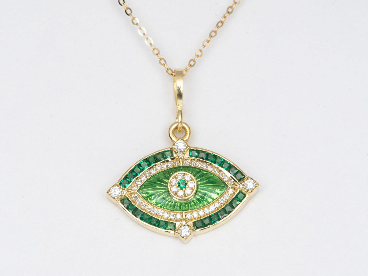 Emerald and Diamond Evil Eye Pendant Guilloche Enamel 18K Gold 5.74g R4450 Aurora Designer