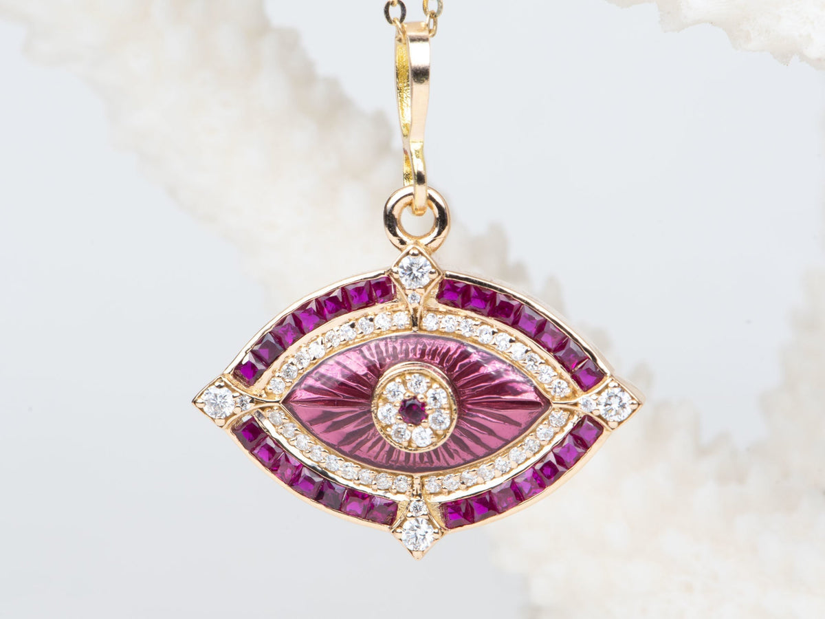 Ruby and Diamond Evil Eye Pendant Guilloche Enamel 18K Gold 4.96g R4451 Aurora Designer