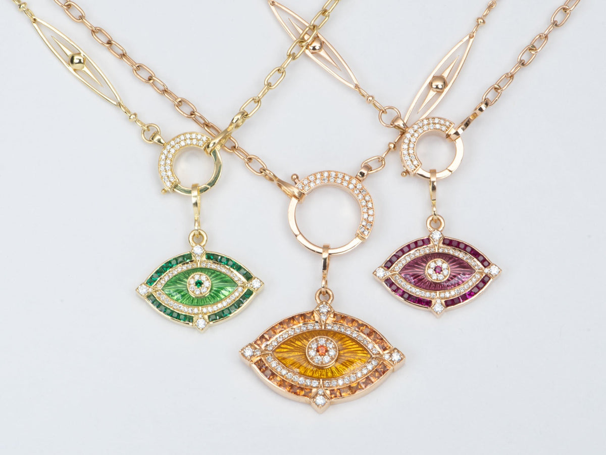 Ruby and Diamond Evil Eye Pendant Guilloche Enamel 18K Gold 4.96g R4451 Aurora Designer