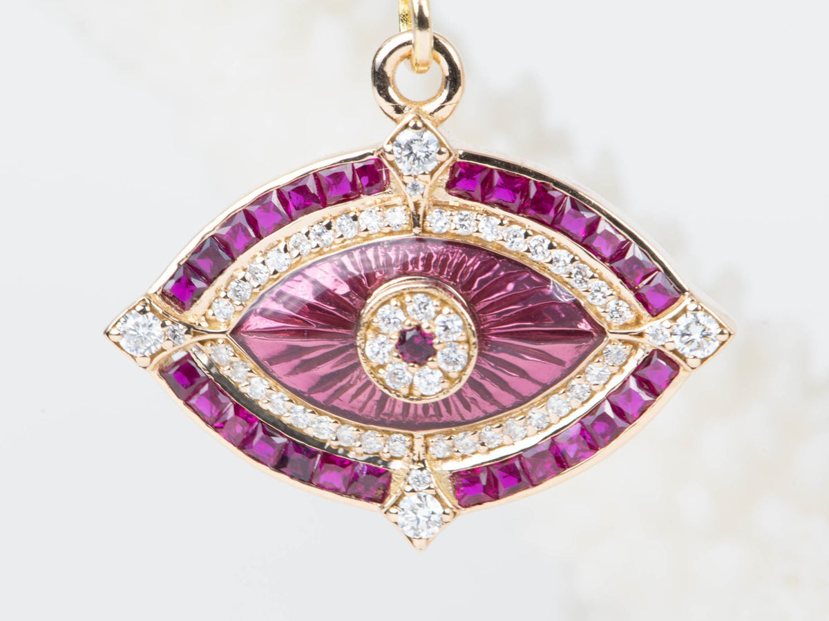 Ruby and Diamond Evil Eye Pendant Guilloche Enamel 18K Gold 4.96g R4451 Aurora Designer