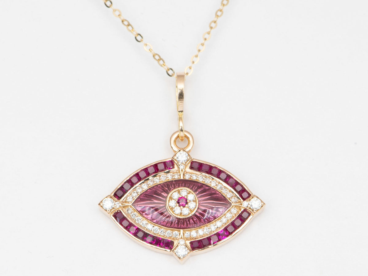 Ruby and Diamond Evil Eye Pendant Guilloche Enamel 18K Gold 4.96g R4451 Aurora Designer