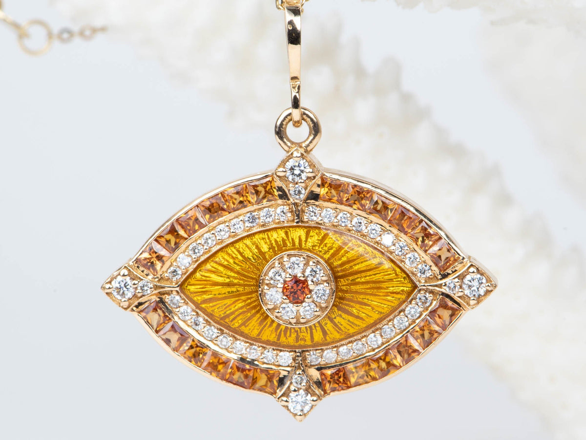 Statement Orange Sapphire and Diamond Evil Eye Pendant 18K Gold 8.37g R4452 Aurora Designer