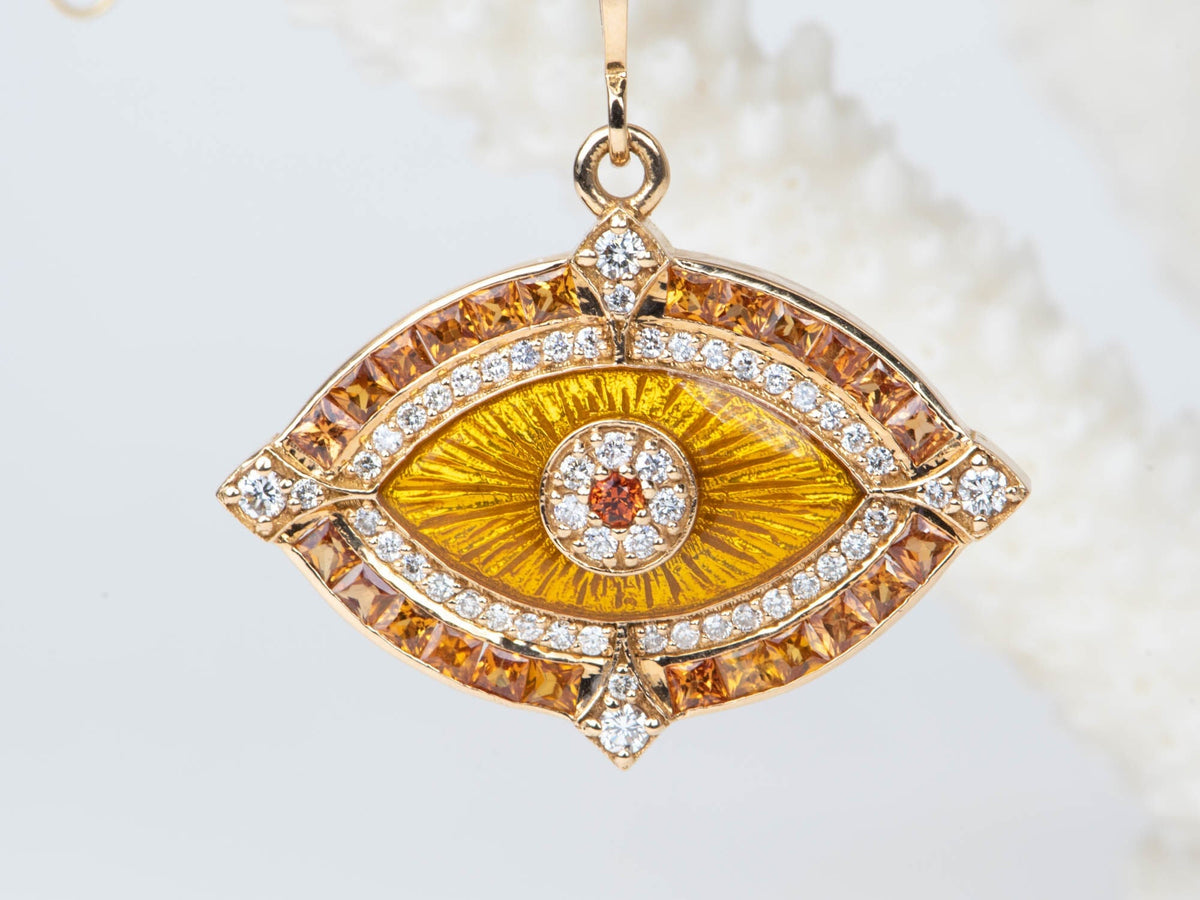 Statement Orange Sapphire and Diamond Evil Eye Pendant 18K Gold 8.37g R4452 Aurora Designer