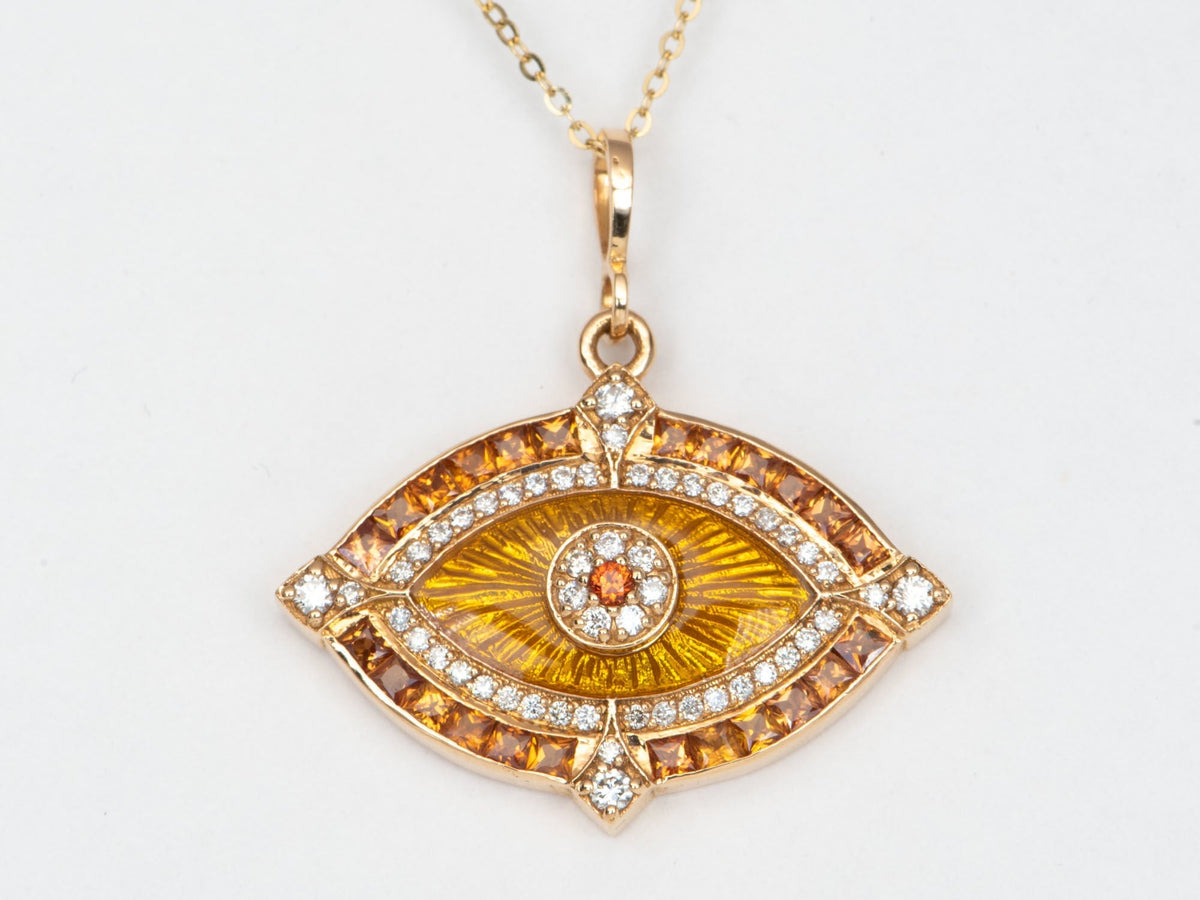 Statement Orange Sapphire and Diamond Evil Eye Pendant 18K Gold 8.37g R4452 Aurora Designer