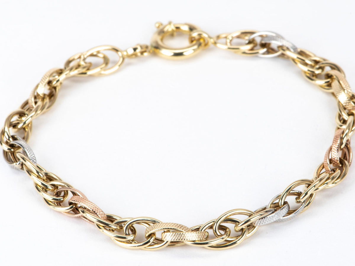 Tri-Color Fancy Link Bracelet 14K Gold Lighter Links 5.18g R2057 Aurora Designer