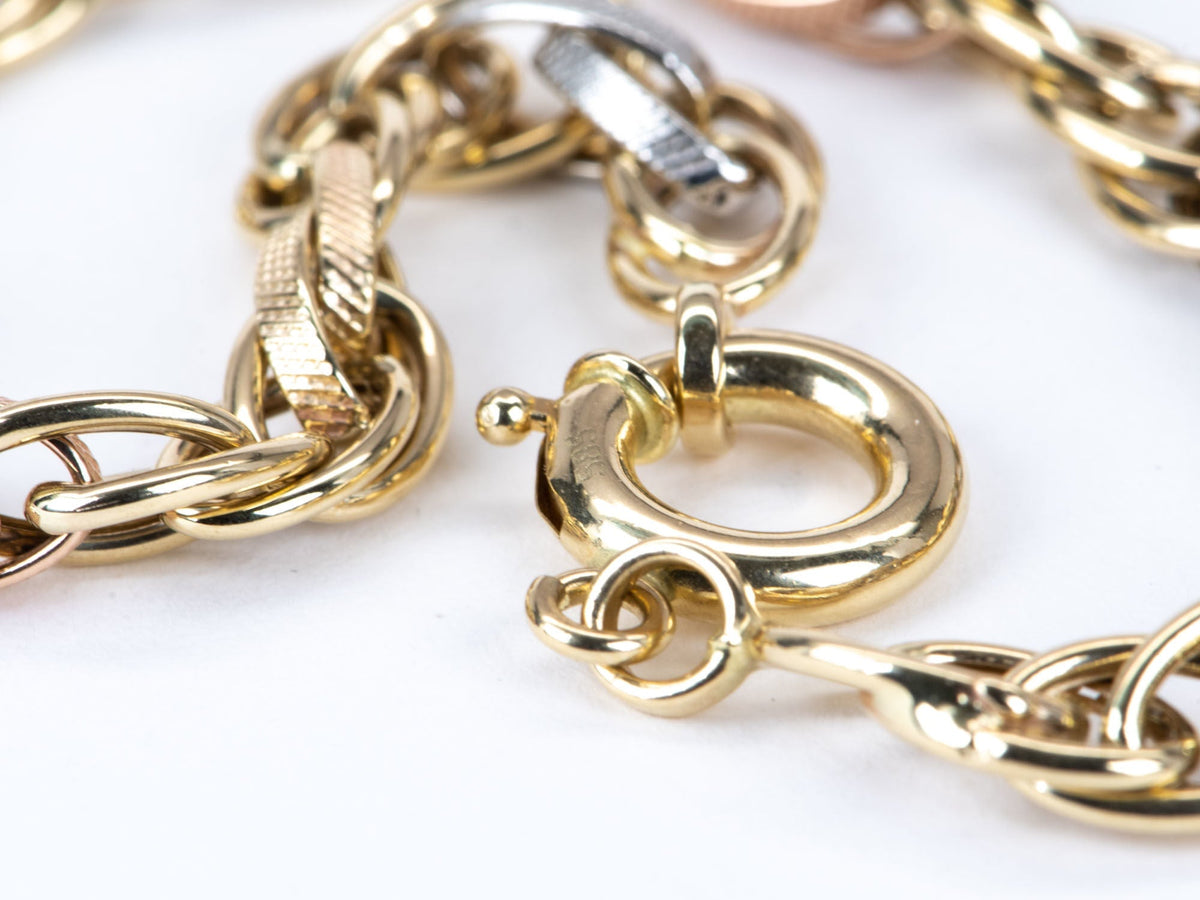 Tri-Color Fancy Link Bracelet 14K Gold Lighter Links 5.18g R2057 Aurora Designer