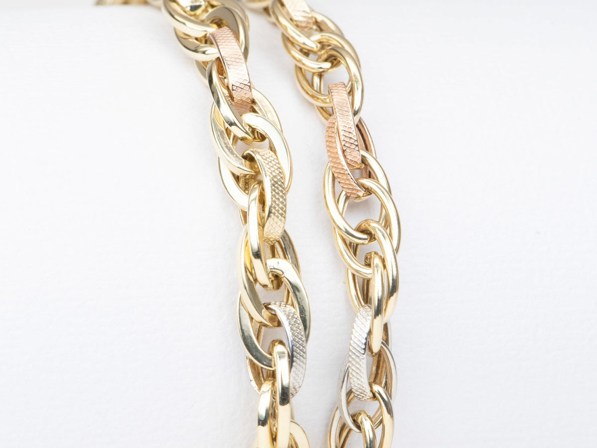 Tri-Color Fancy Link Bracelet 14K Gold Lighter Links 5.18g R2057 Aurora Designer
