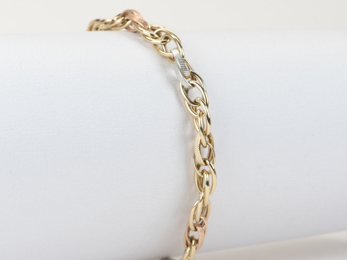 Tri-Color Fancy Link Bracelet 14K Gold Lighter Links 5.18g R2057 Aurora Designer