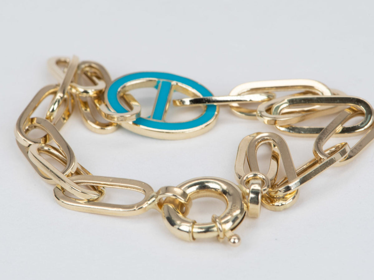 Paperlink Bracelet with Turquoise Enamel Mariner Link 14K Gold 4-4.09g R2062 Aurora Designer