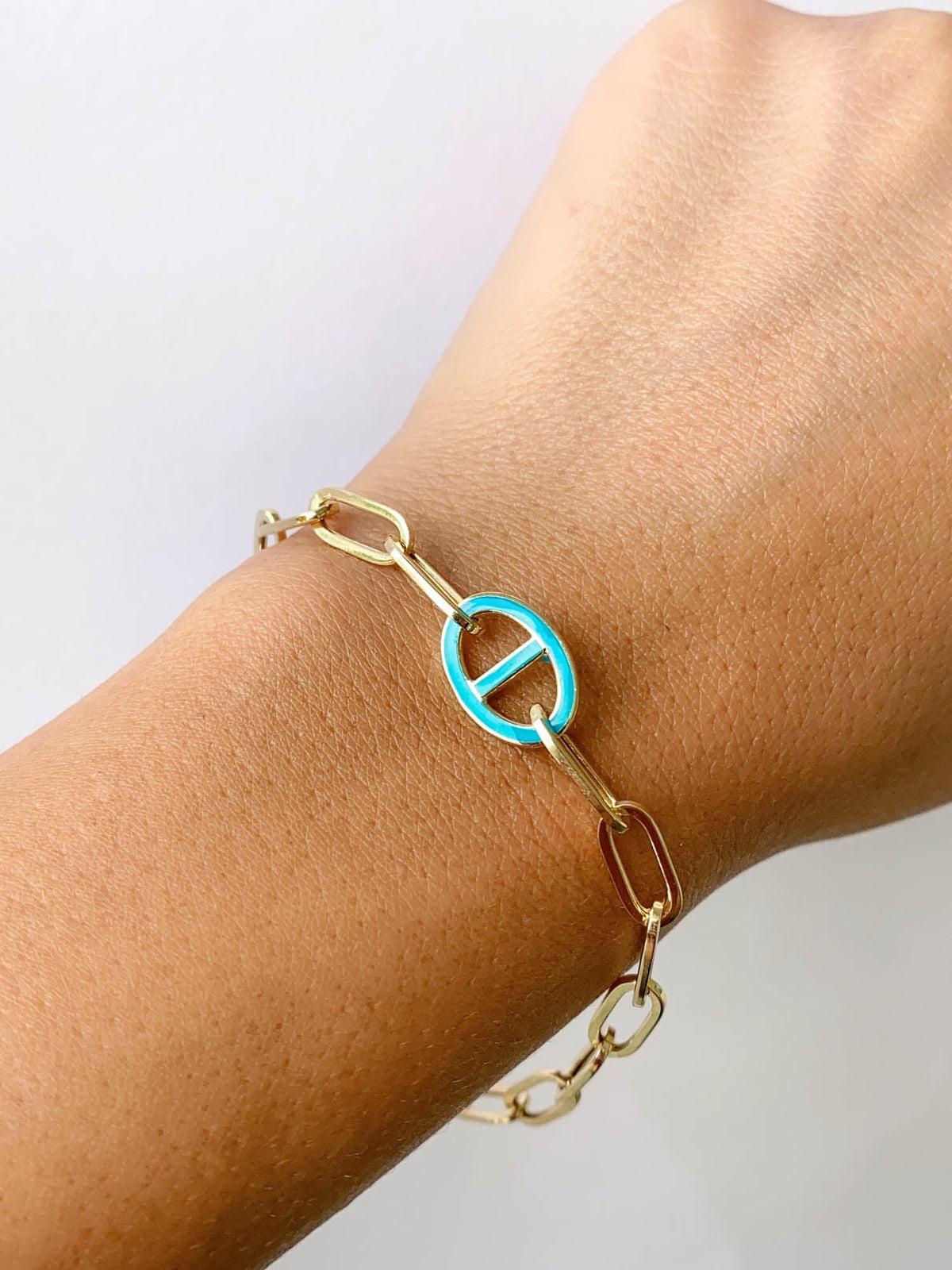 Paperlink Bracelet with Turquoise Enamel Mariner Link 14K Gold 4-4.09g R2062 Aurora Designer