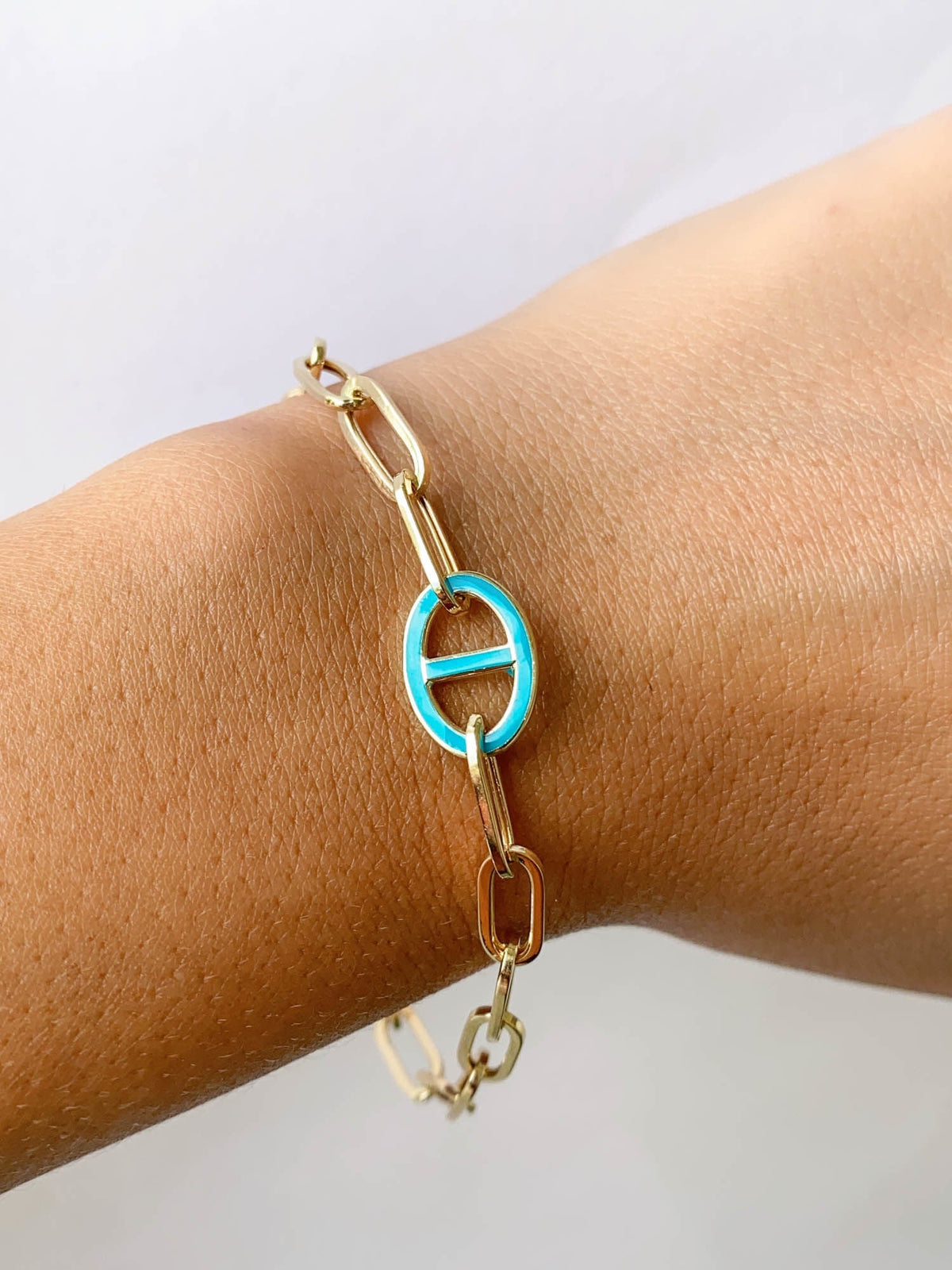 Paperlink Bracelet with Turquoise Enamel Mariner Link 14K Gold 4-4.09g R2062 Aurora Designer