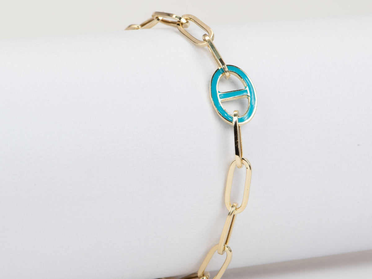 Paperlink Bracelet with Turquoise Enamel Mariner Link 14K Gold 4-4.09g R2062 Aurora Designer
