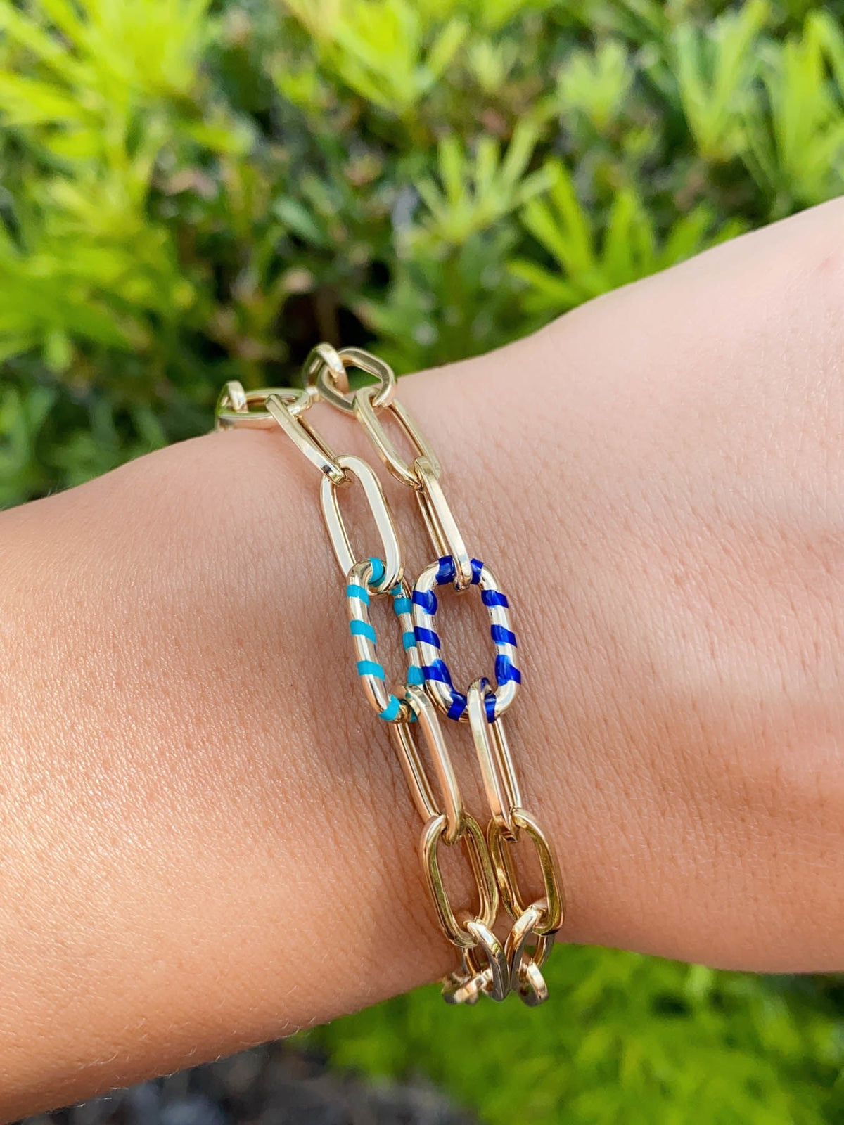 Paperlink Bracelet with Enamel Stripe Link 14K Gold 3.79-4.4g R2063 Aurora Designer