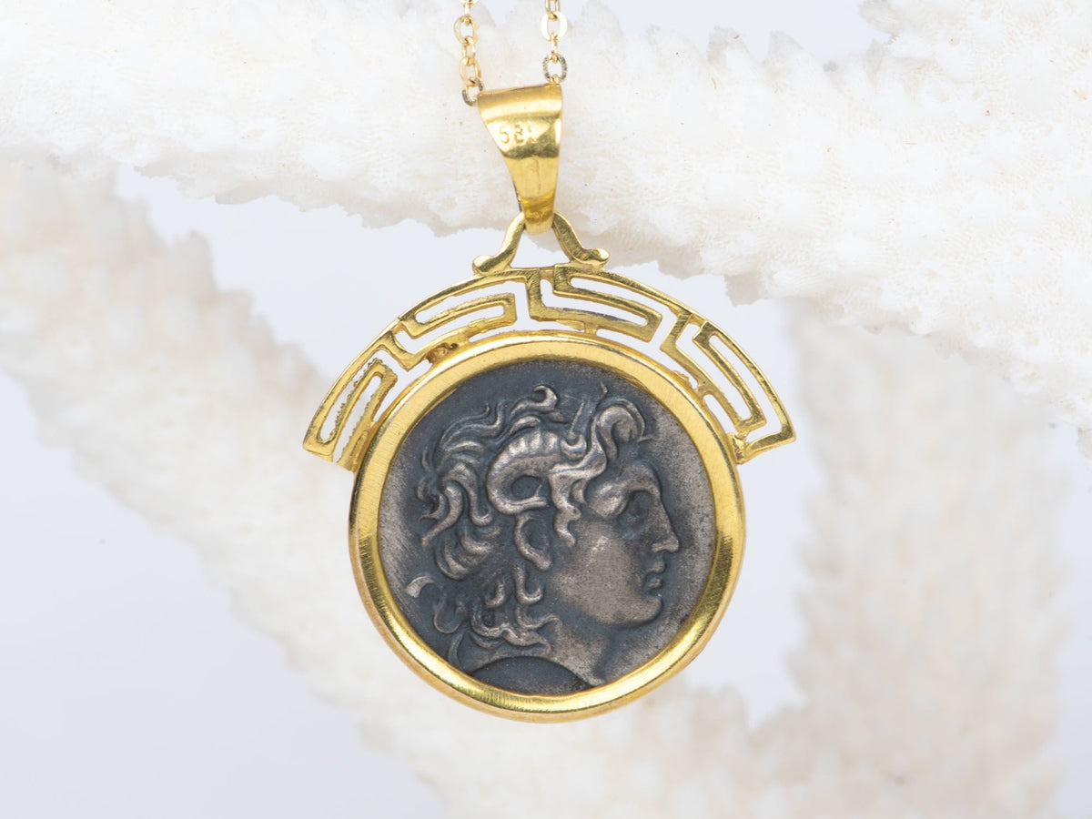 Alexander the Great Silver Coin Medallion Pendant 14K Gold Greek Key V1094 Aurora Designer