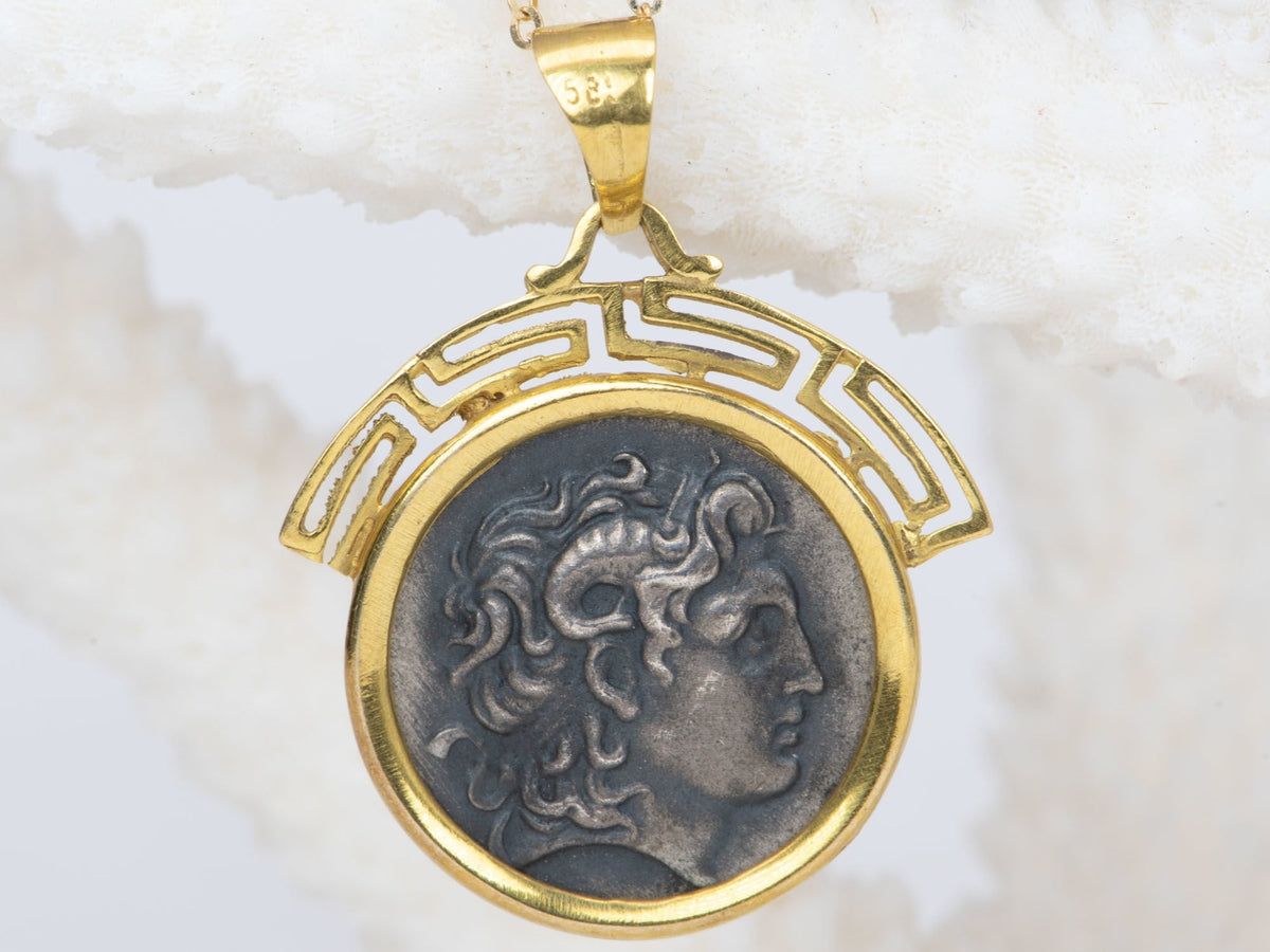 Alexander the Great Silver Coin Medallion Pendant 14K Gold Greek Key V1094 Aurora Designer