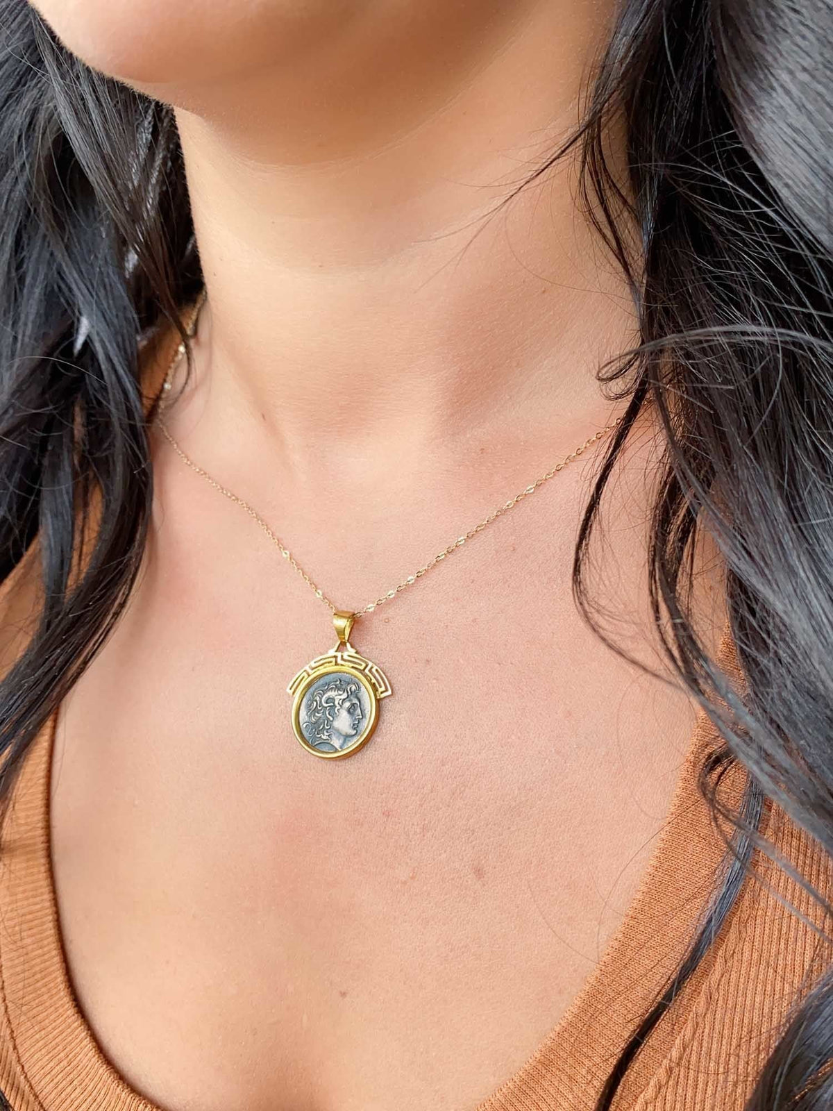 Alexander the Great Silver Coin Medallion Pendant 14K Gold Greek Key V1094 Aurora Designer