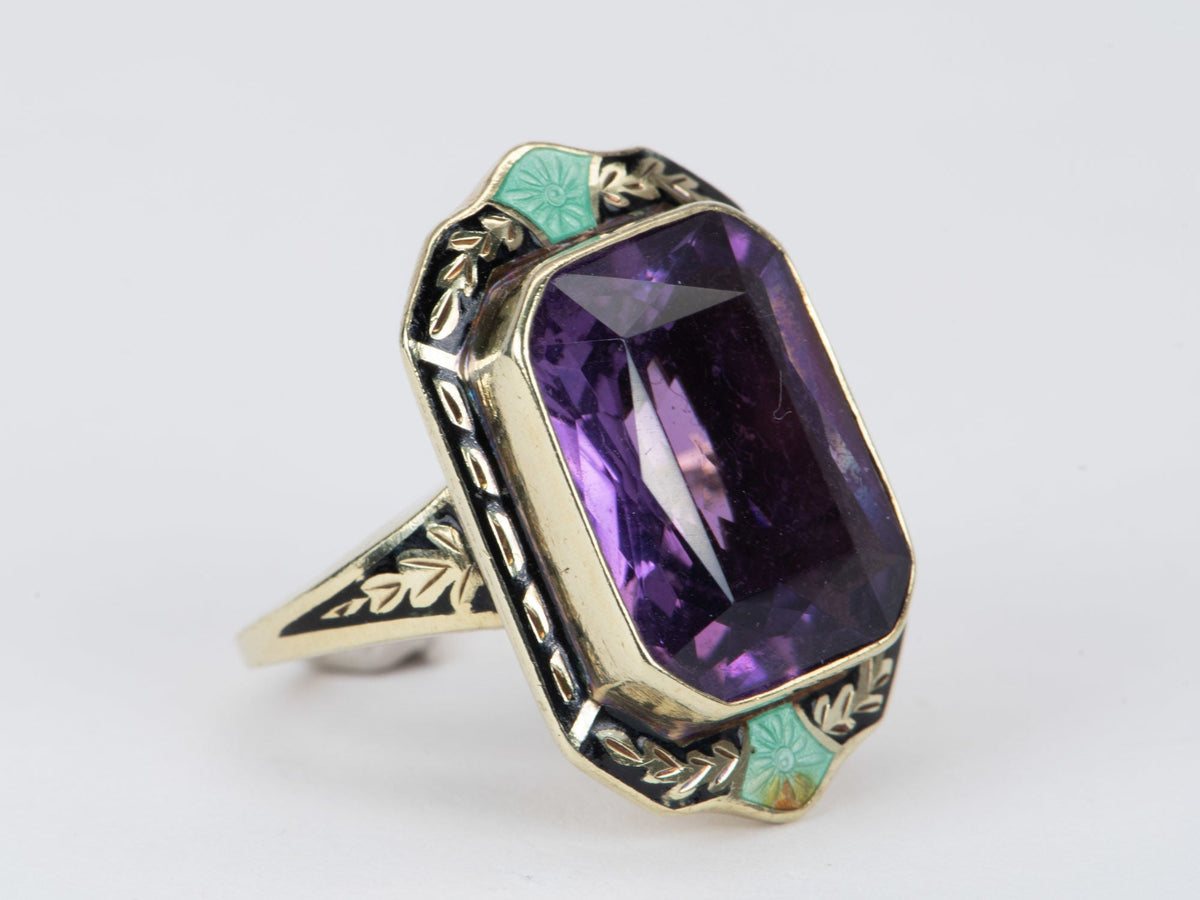 Vintage Statement Amethyst Ring with Enamel Details 14K Gold 8.93g V1095 Aurora Designer