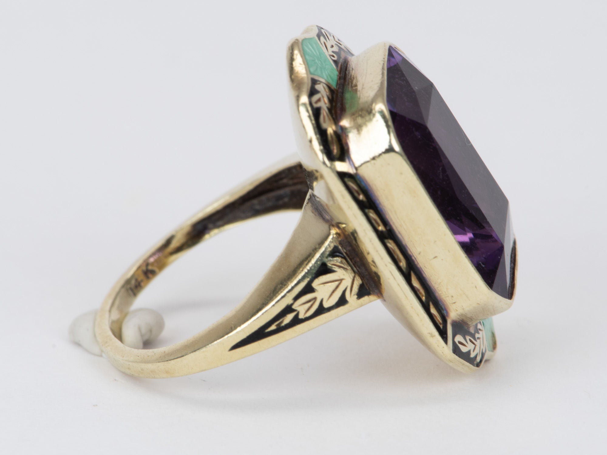 Aurora Gold Ring Designer 8.93g - Statement Amethyst Enamel Vintage with V10 Details 14K