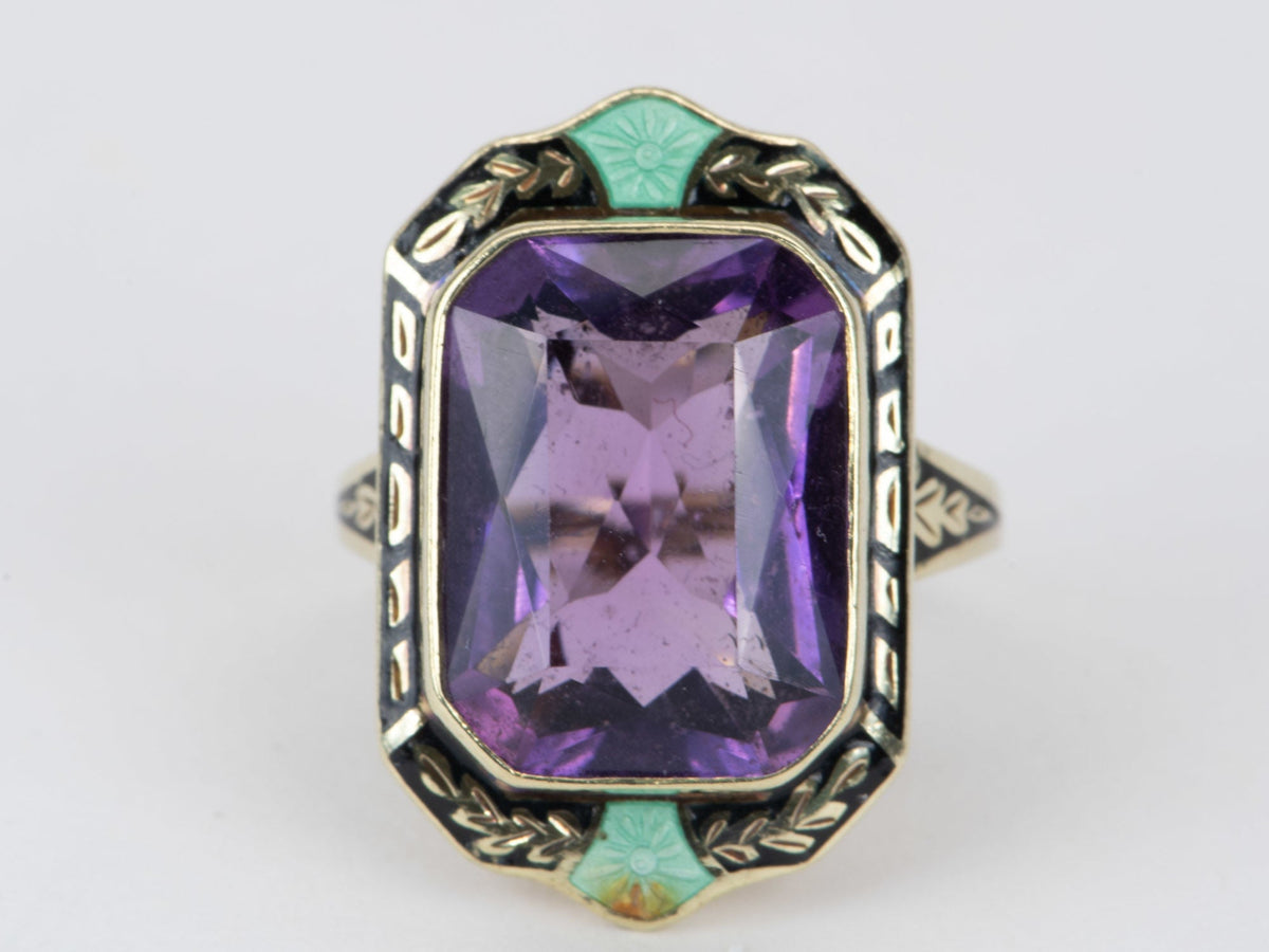 Vintage Statement Amethyst Ring with Enamel Details 14K Gold 8.93g V1095 Aurora Designer