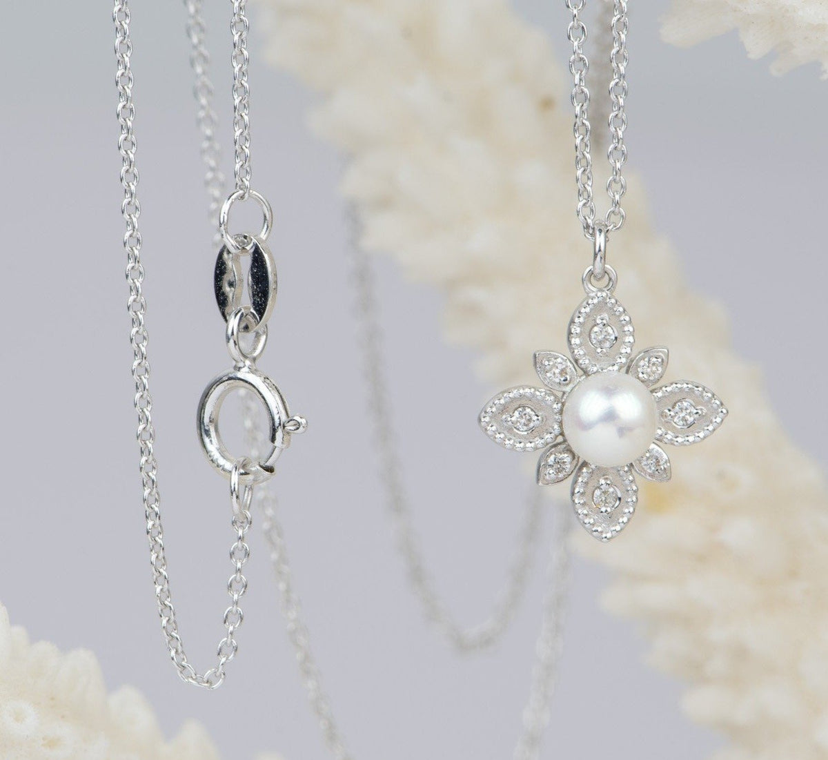 4mm Akoya Pearl Pendant Necklace 18K White Gold Diamond Accents Full Round Pearl June AD2278