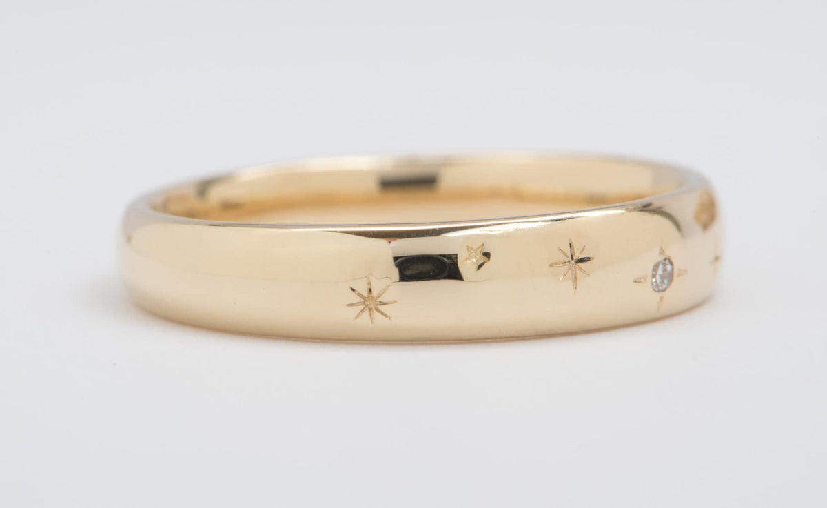 4mm Wide Diamond and Stars 14K Gold Wedding Band M5011