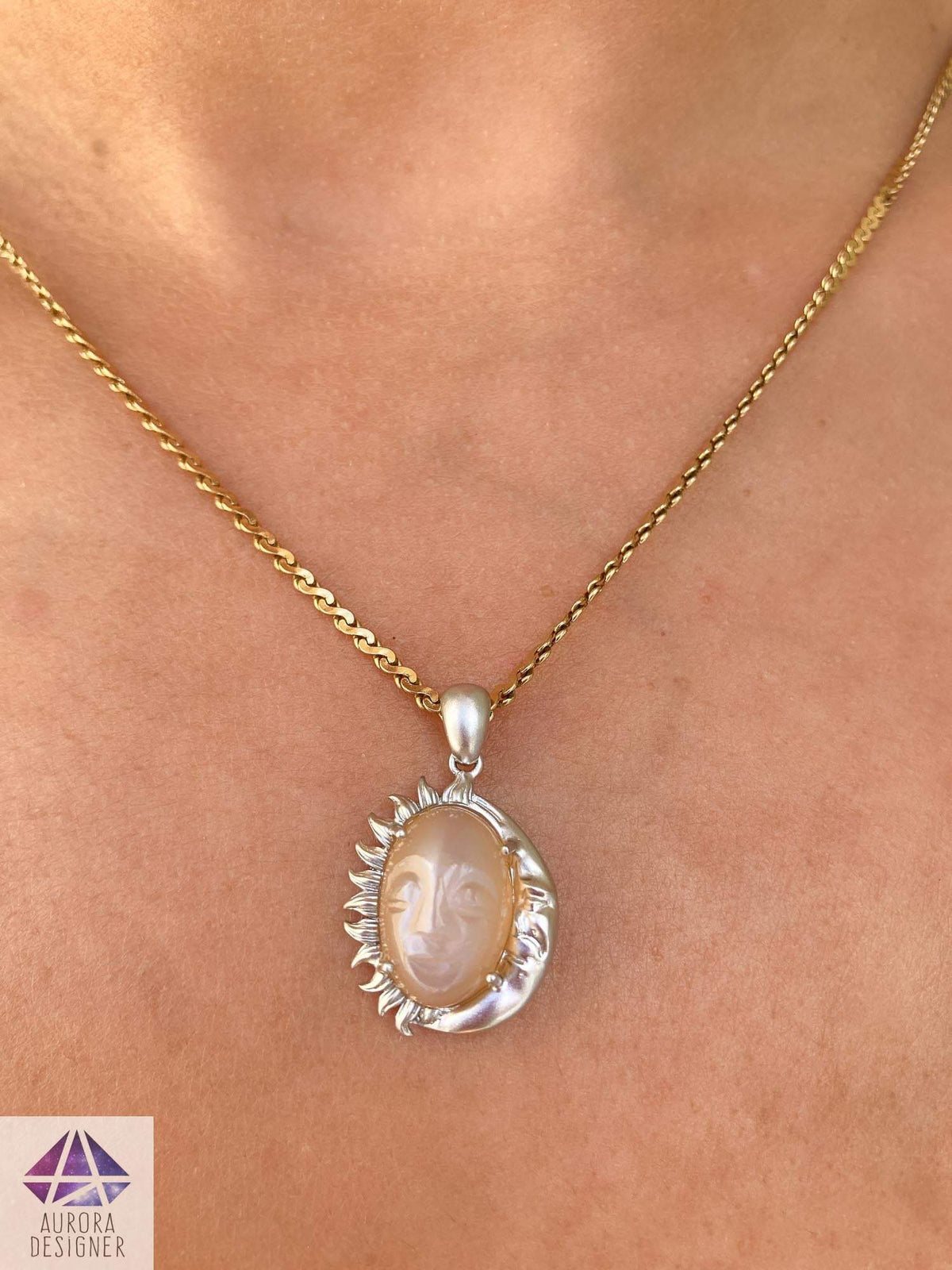 6.06ct Carved Face Peach Moonstone 14K White Gold Matte Finish Celestial Necklace Crescent AD1972