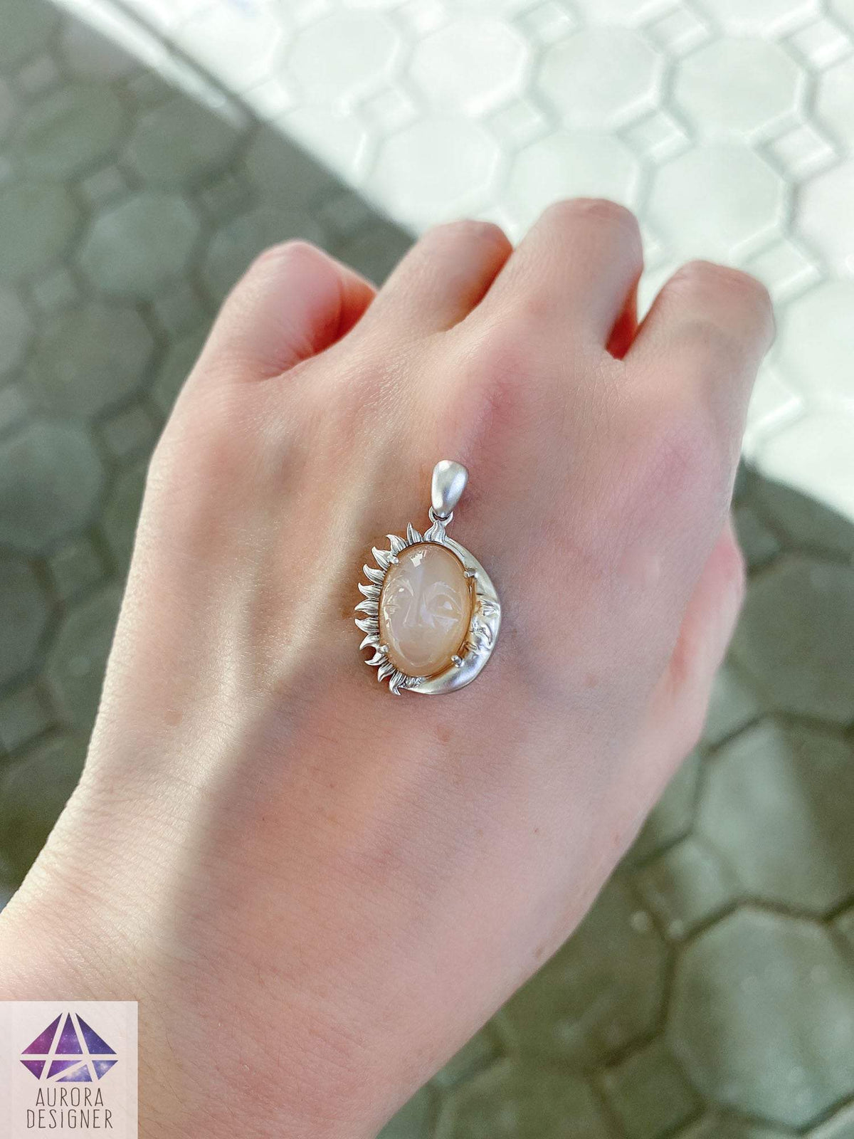 6.06ct Carved Face Peach Moonstone 14K White Gold Matte Finish Celestial Necklace Crescent AD1972