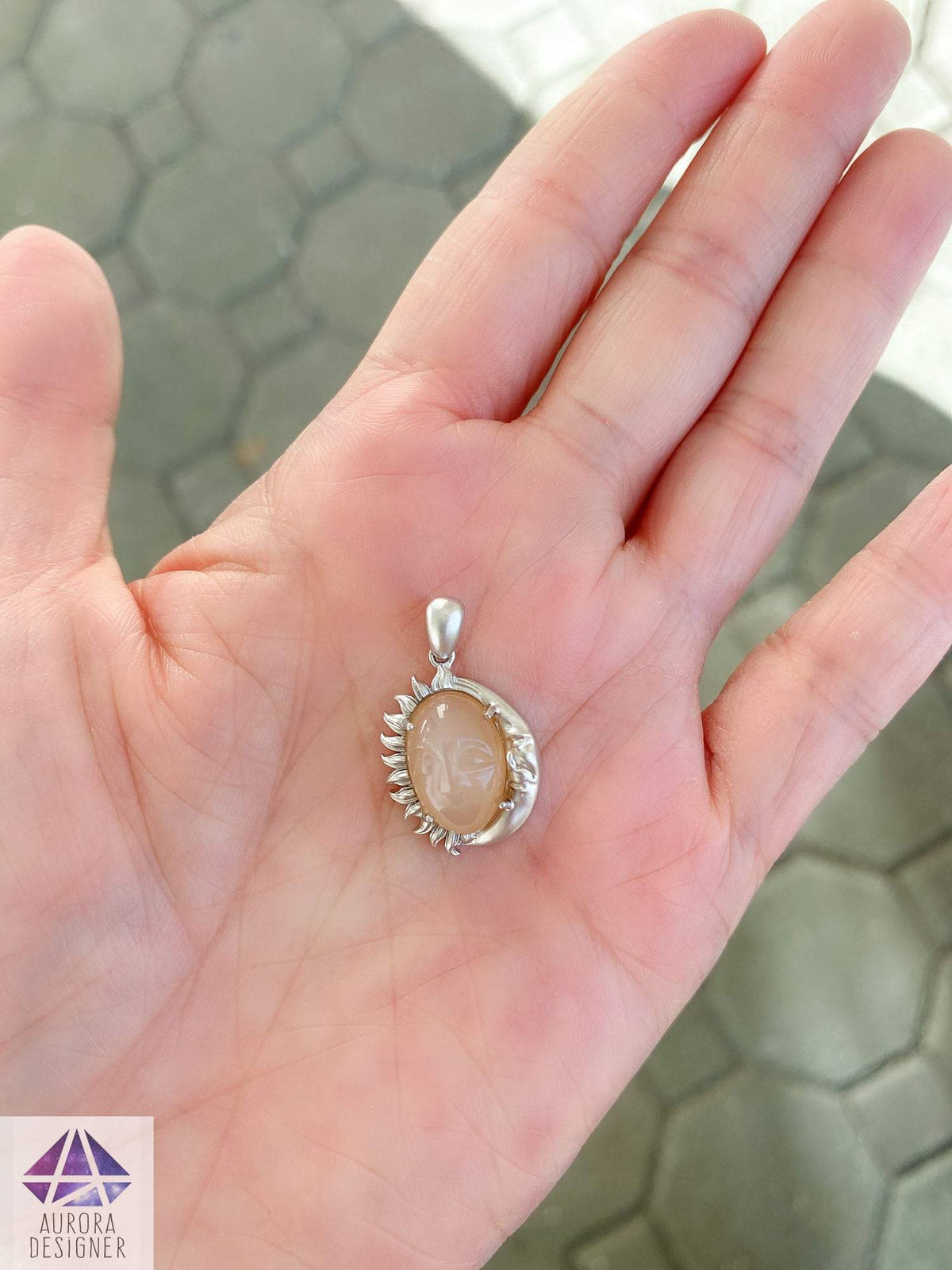 6.06ct Carved Face Peach Moonstone 14K White Gold Matte Finish Celestial Necklace Crescent AD1972