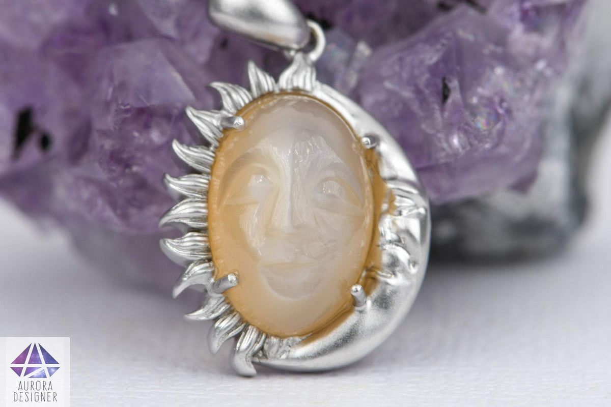 6.06ct Carved Face Peach Moonstone 14K White Gold Matte Finish Celestial Necklace Crescent AD1972