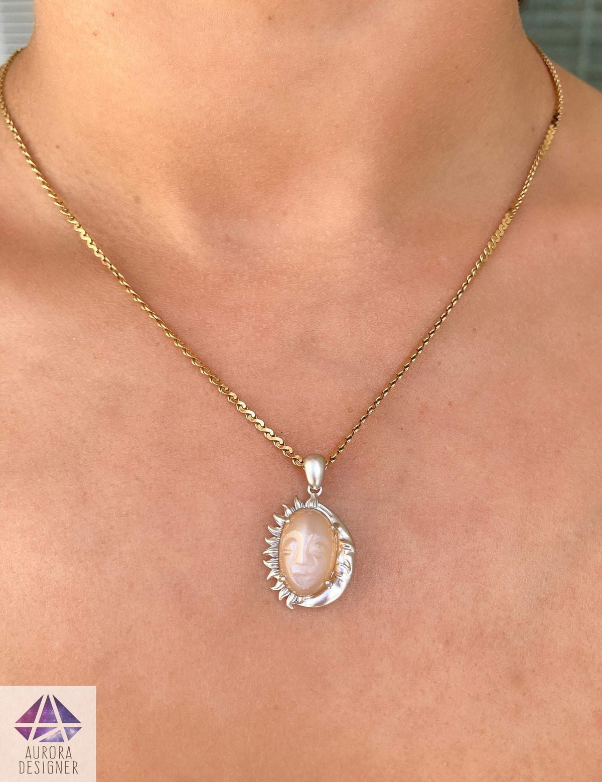 6.06ct Carved Face Peach Moonstone 14K White Gold Matte Finish Celestial Necklace Crescent AD1972