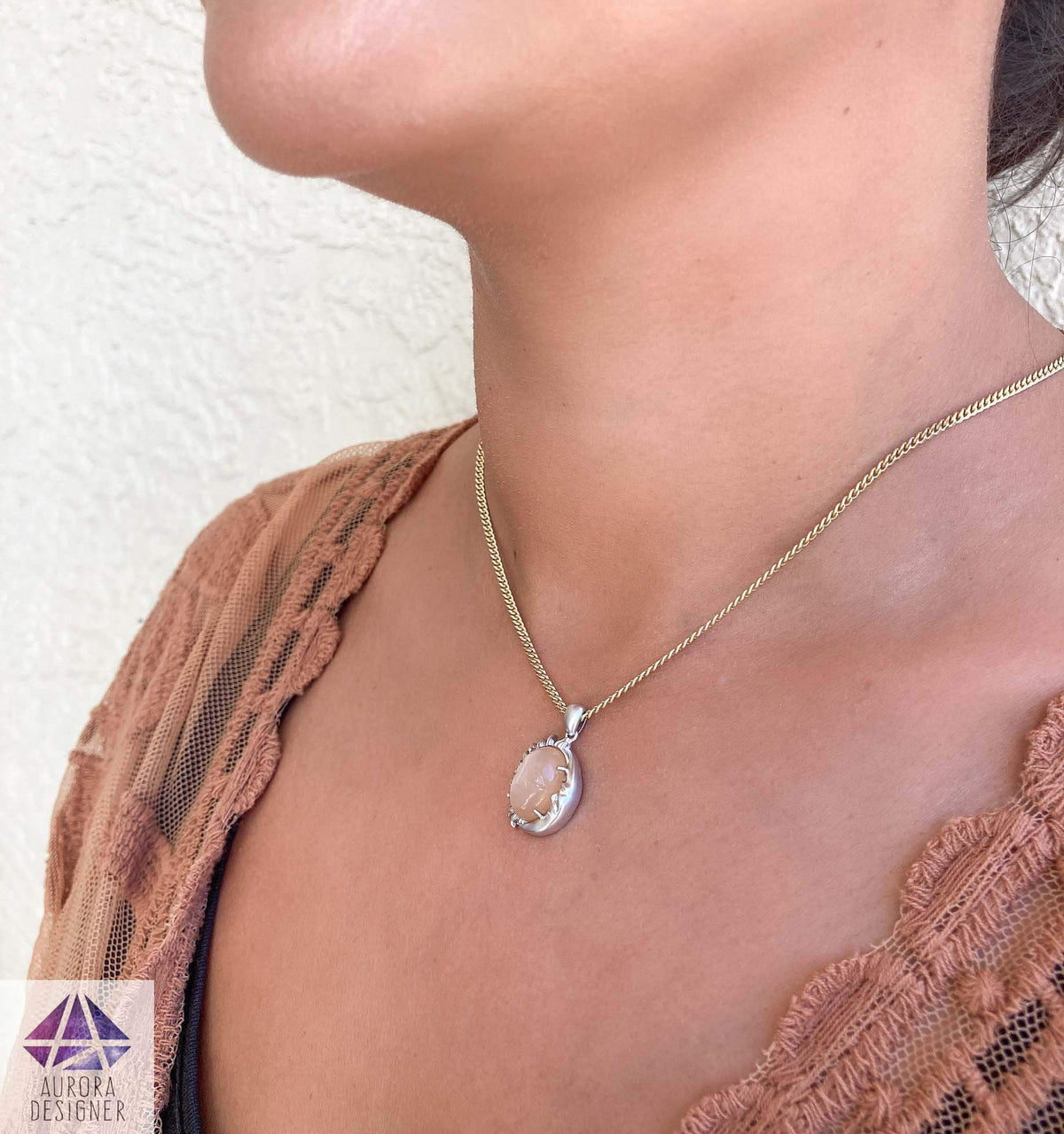 6.06ct Carved Face Peach Moonstone 14K White Gold Matte Finish Celestial Necklace Crescent AD1972