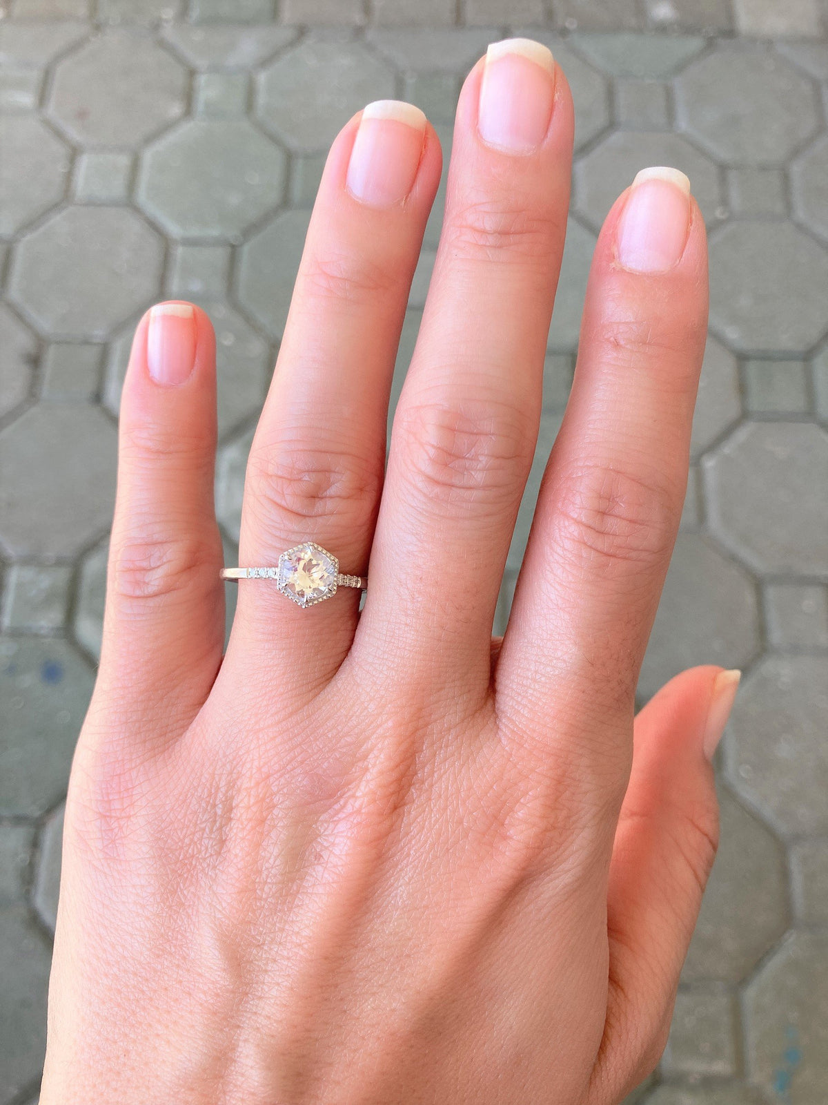6mm Moonstone Center 14K Gold Hexagon Setting Engagement Ring with Diamond Pave on Shank AD1462M