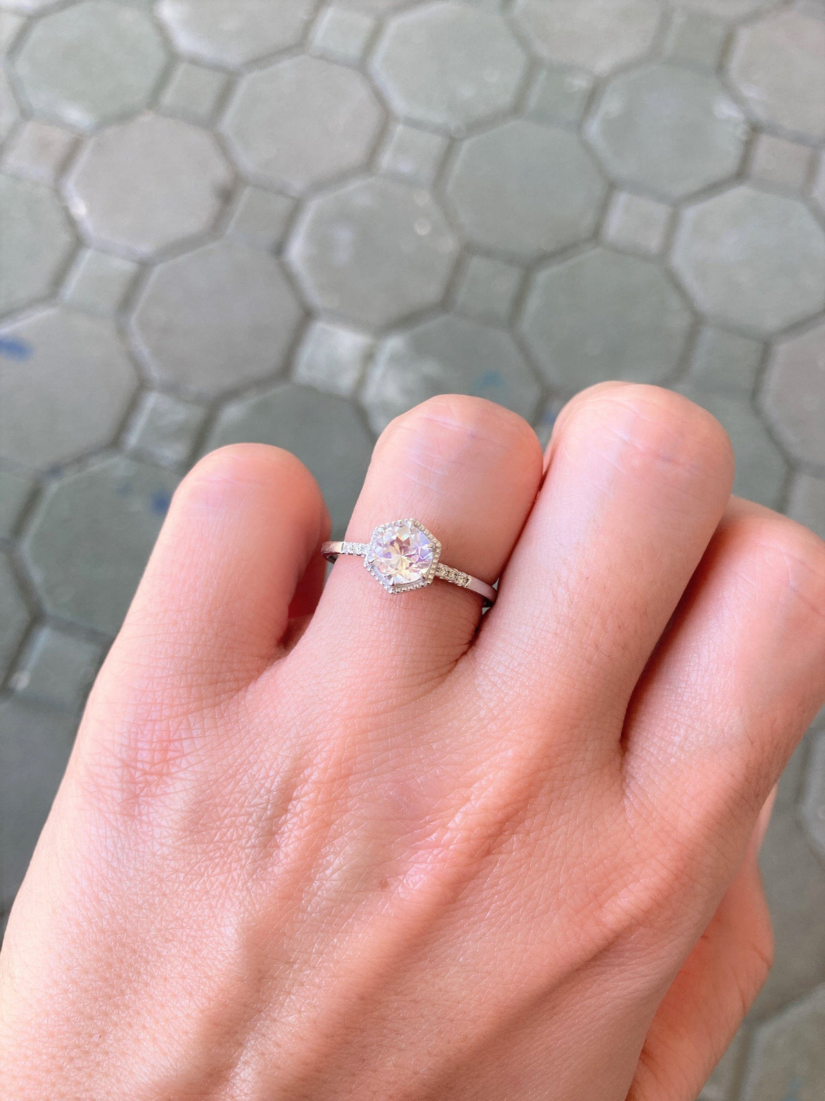 6mm Moonstone Center 14K Gold Hexagon Setting Engagement Ring with Diamond Pave on Shank AD1462M