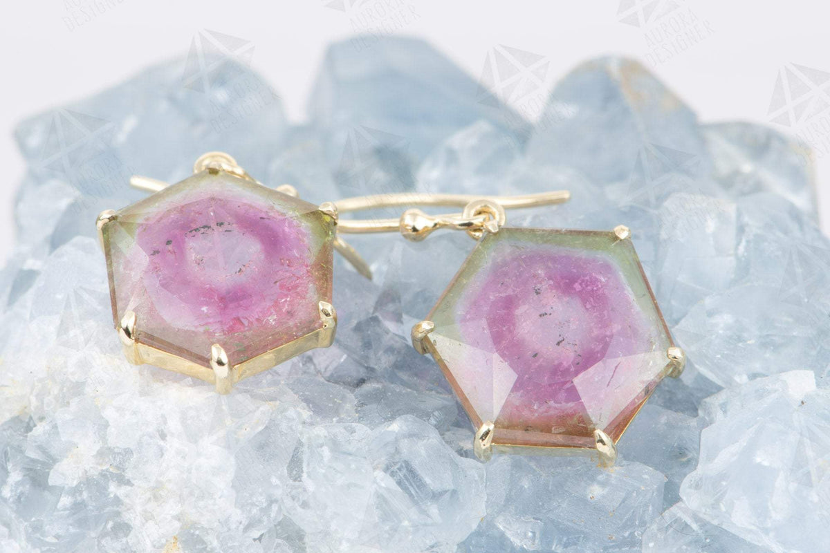 9.45ct Watermelon Tourmaline Dangle Earrings 14K Yellow Gold Hexagon Shape Geometric Unique AD1912