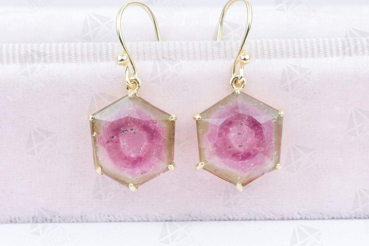 9.45ct Watermelon Tourmaline Dangle Earrings 14K Yellow Gold Hexagon Shape Geometric Unique AD1912